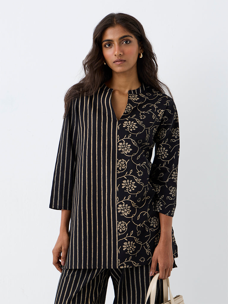 Utsa Black Floral Printed Cotton Tunic