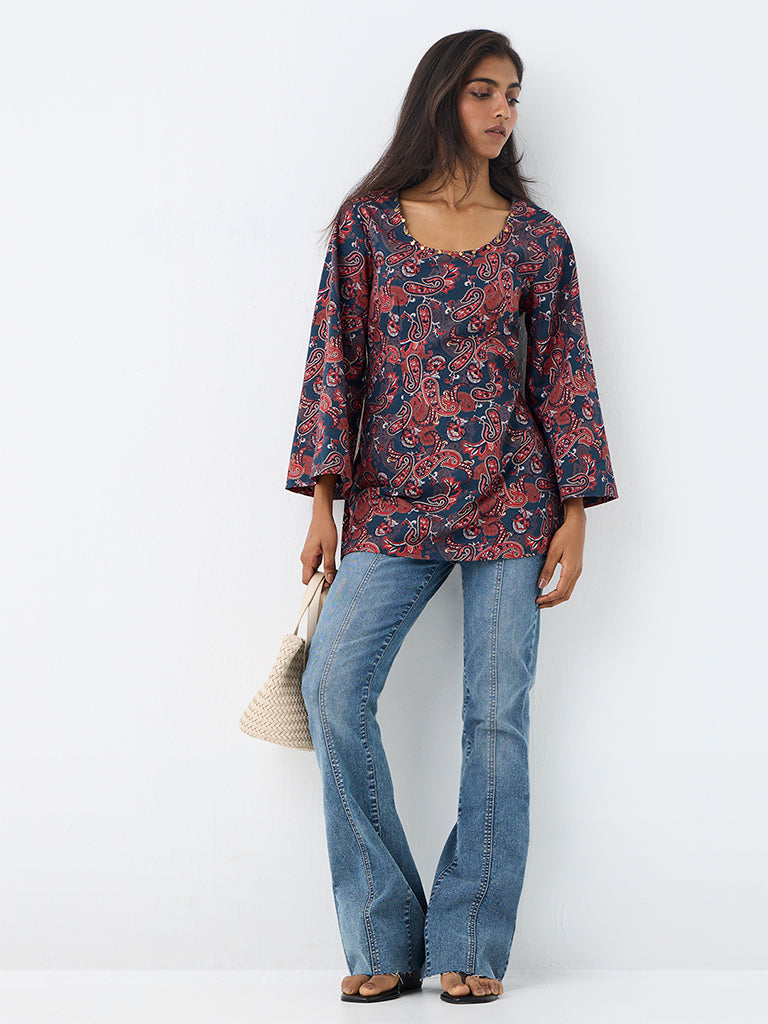 Utsa Red Paisley Printed Cotton Tunic