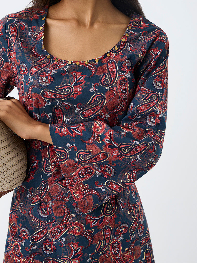 Utsa Red Paisley Printed Cotton Tunic