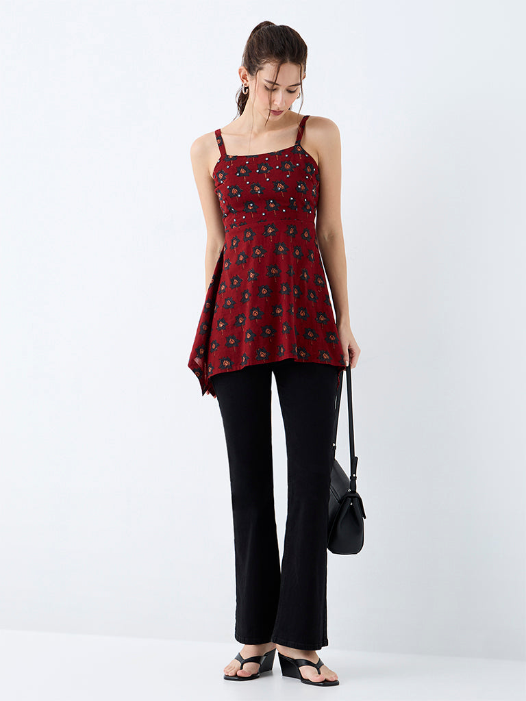 Utsa Red Floral Printed Cotton Tunic