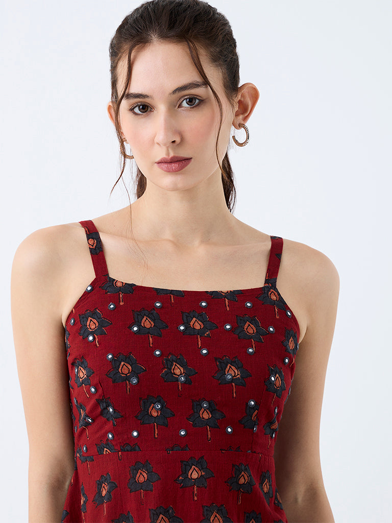 Utsa Red Floral Printed Cotton Tunic