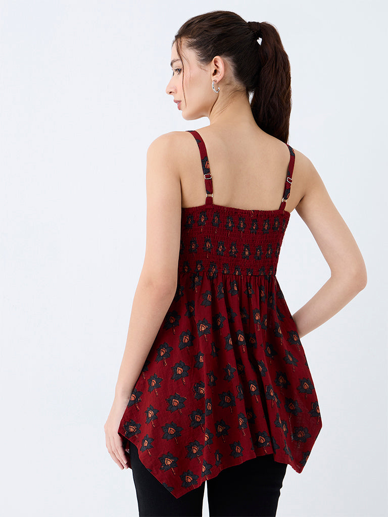 Utsa Red Floral Printed Cotton Tunic