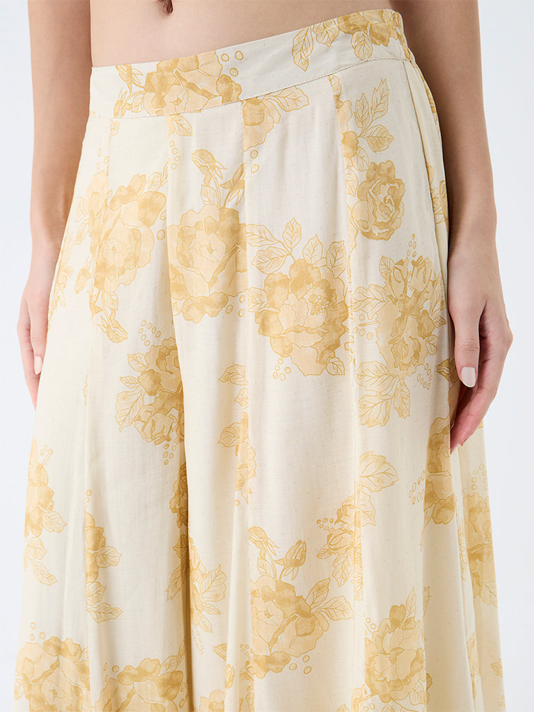 Utsa Light Yellow Floral Printed Palazzos