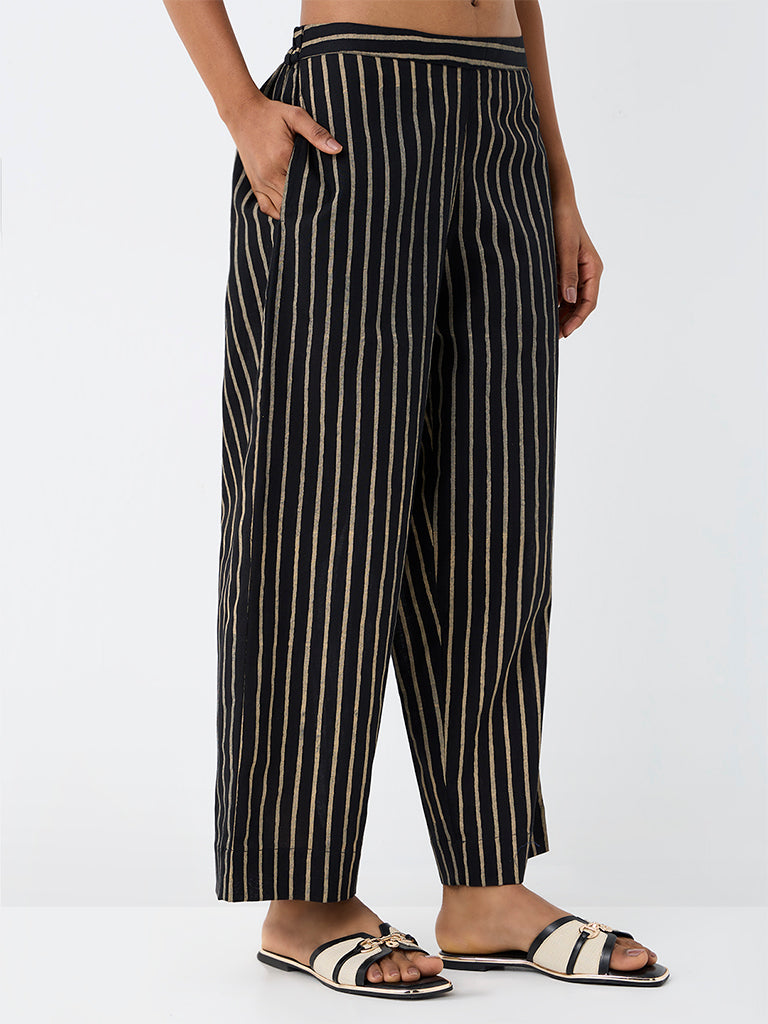 Utsa Black Striped Cotton-Blend Pants