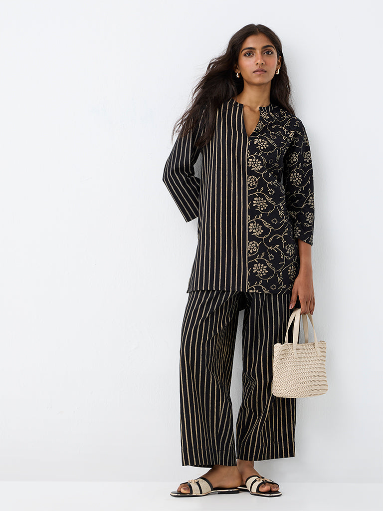 Utsa Black Striped Cotton-Blend Pants