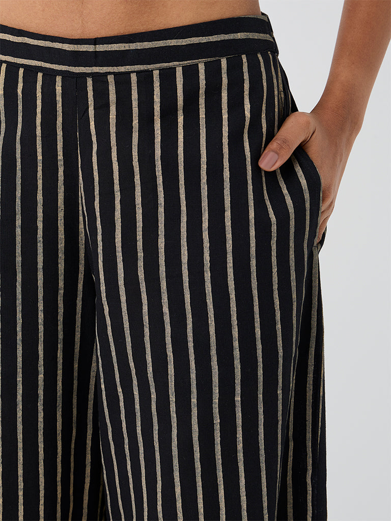Utsa Black Striped Cotton-Blend Pants