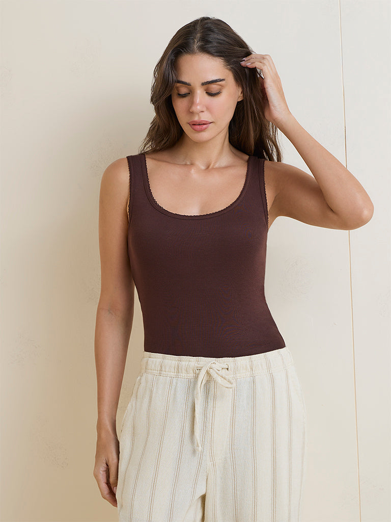 Wunderlove Dark Brown Solid Cotton Camisole