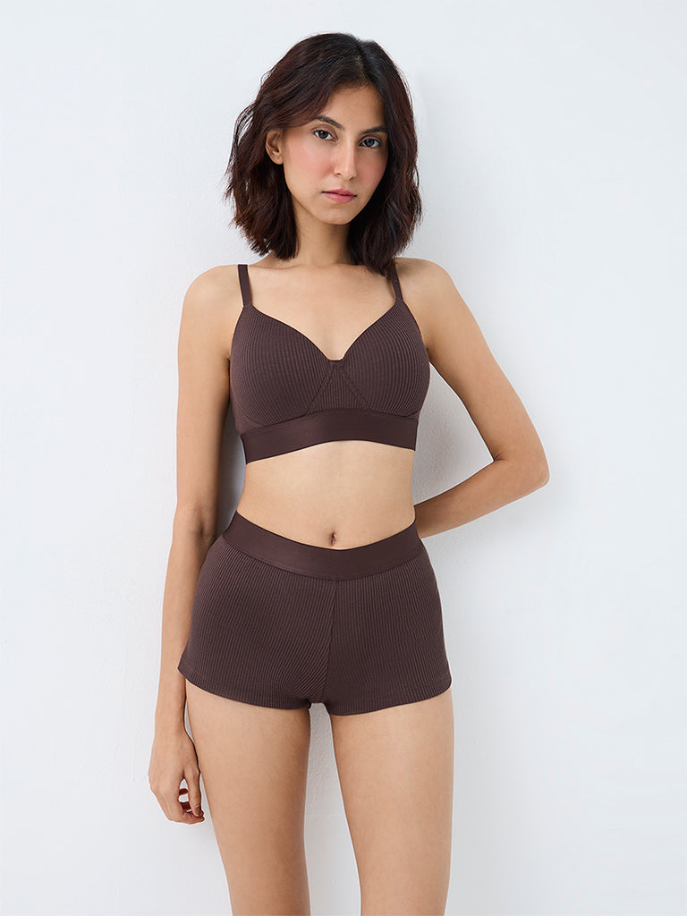 Superstar Dark Brown Ribbed-Textured Padded Bra