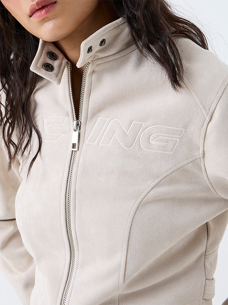 Nuon Off-White Text Embroidered Suede Jacket