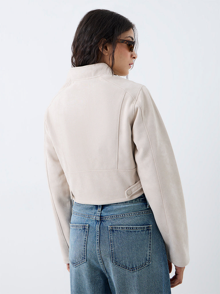 Nuon Off-White Text Embroidered Suede Jacket