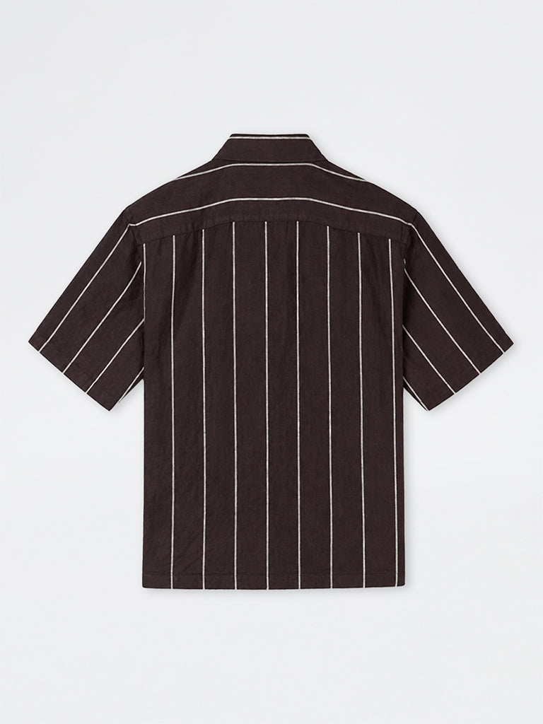 Ascot Dark Brown Striped Relaxed-Fit Linen Shirt