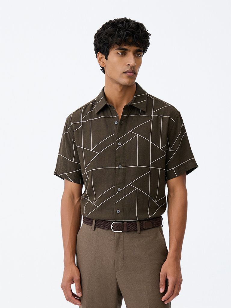 Ascot Dark Olive Geometric Printed Relaxed-Fit Linen-Blend Shirt
