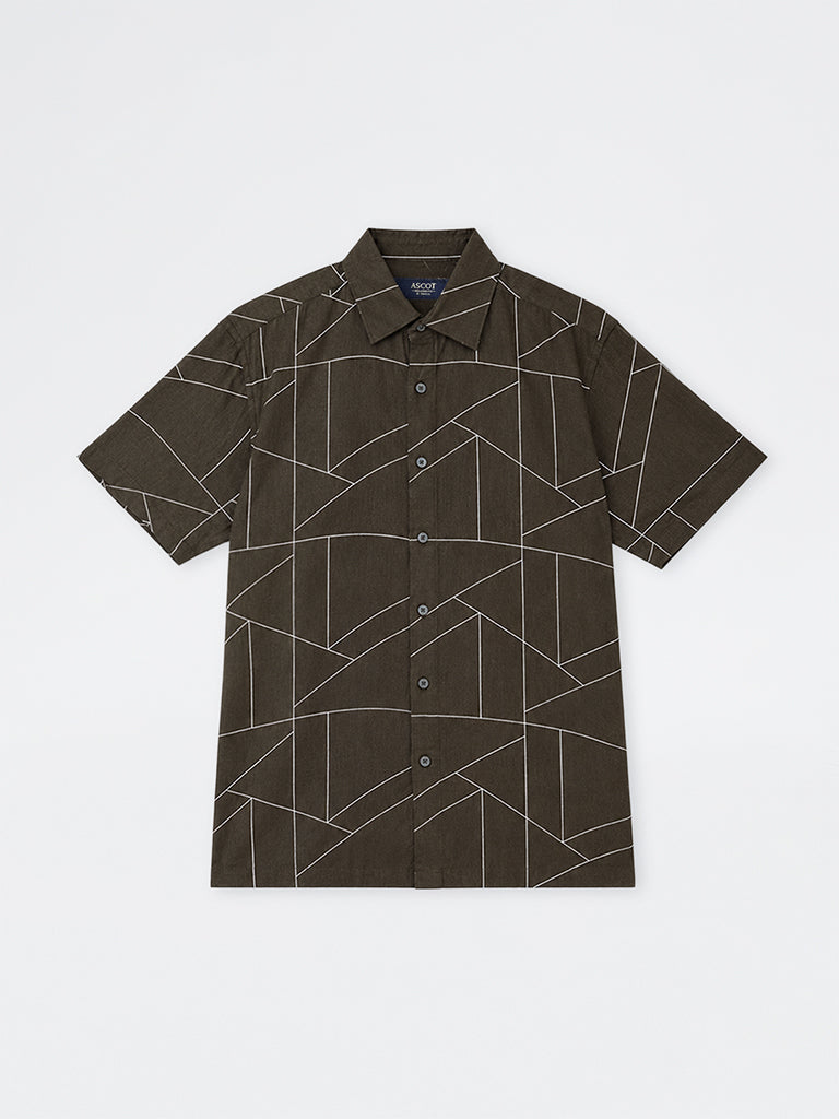 Ascot Dark Olive Geometric Printed Relaxed-Fit Linen-Blend Shirt