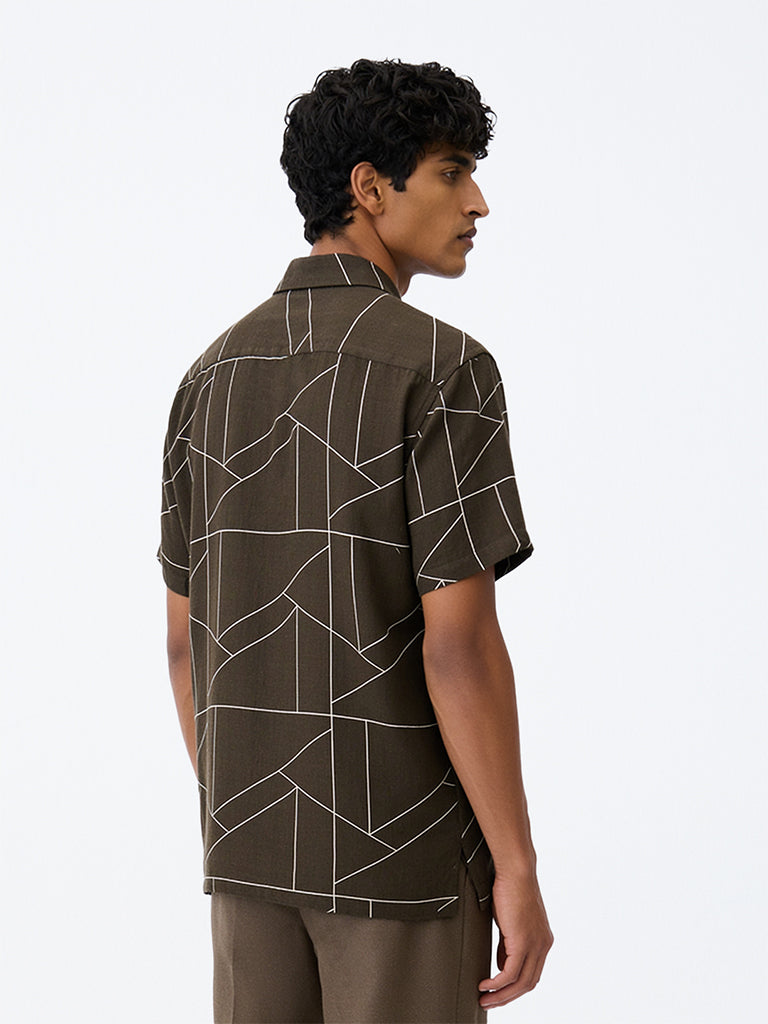 Ascot Dark Olive Geometric Printed Relaxed-Fit Linen-Blend Shirt