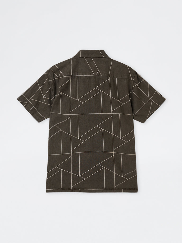 Ascot Dark Olive Geometric Printed Relaxed-Fit Linen-Blend Shirt
