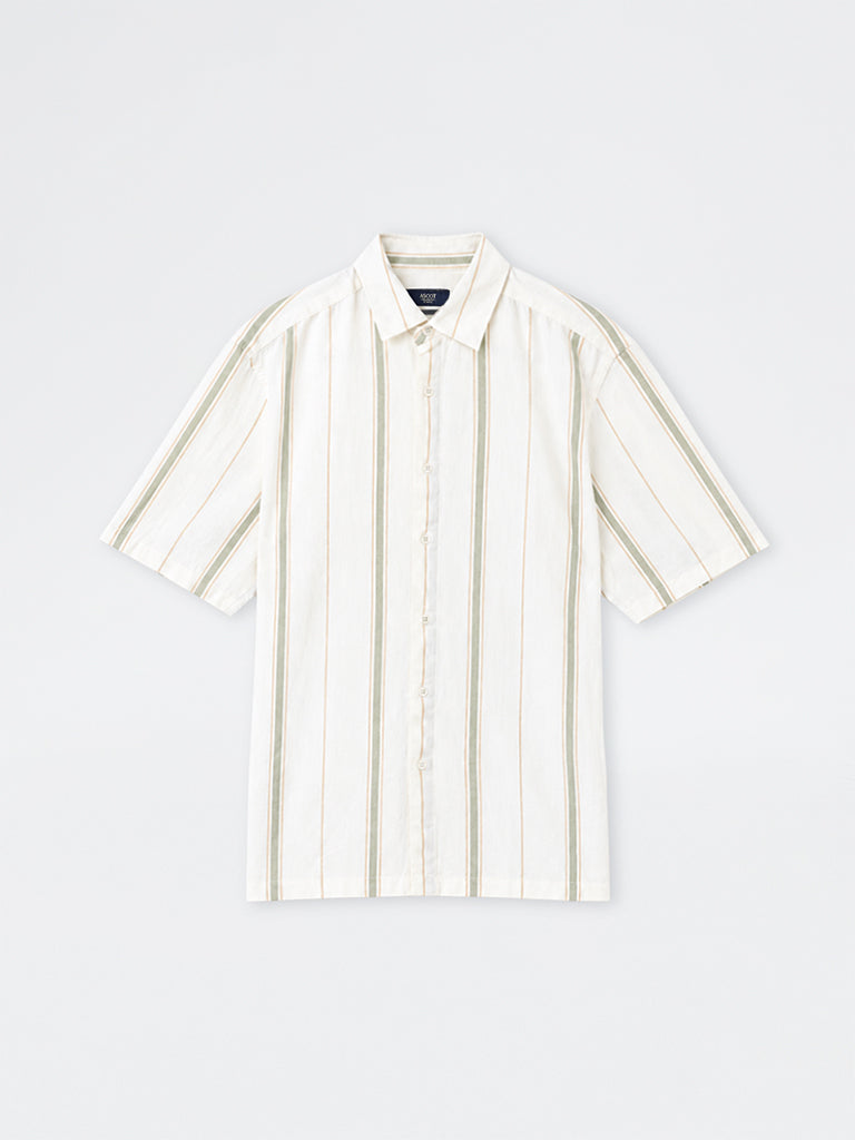 Ascot Off-White Striped Relaxed-Fit Linen-Blend Shirt