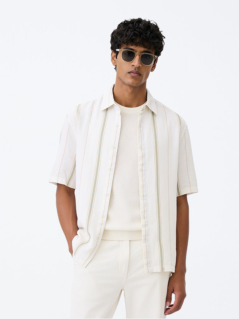 Ascot Off-White Striped Relaxed-Fit Linen-Blend Shirt