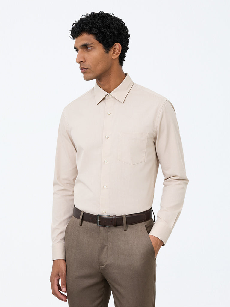 WES Formals Light Beige Solid Relaxed-Fit Cotton Shirt