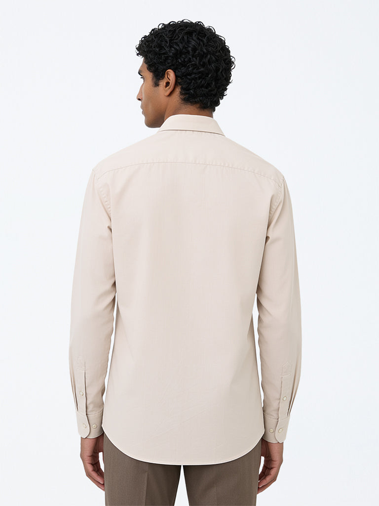 WES Formals Light Beige Solid Relaxed-Fit Cotton Shirt