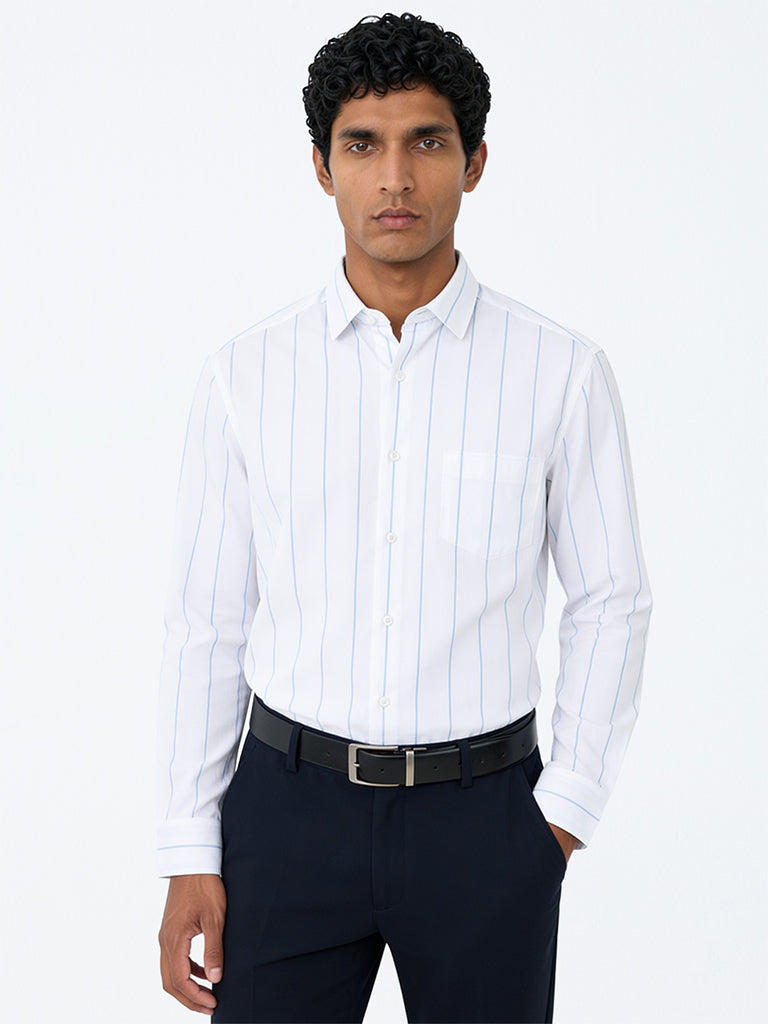 WES Formals White Striped Relaxed-Fit Cotton Shirt