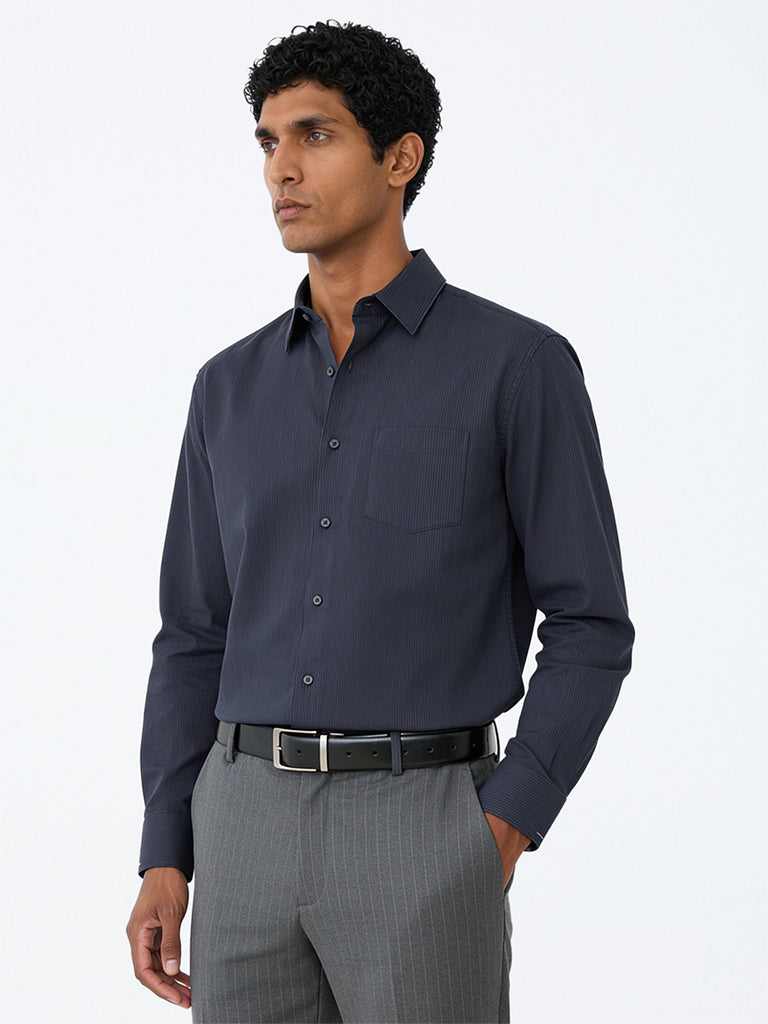 WES Formals Navy Textured Relaxed-Fit Cotton Shirt