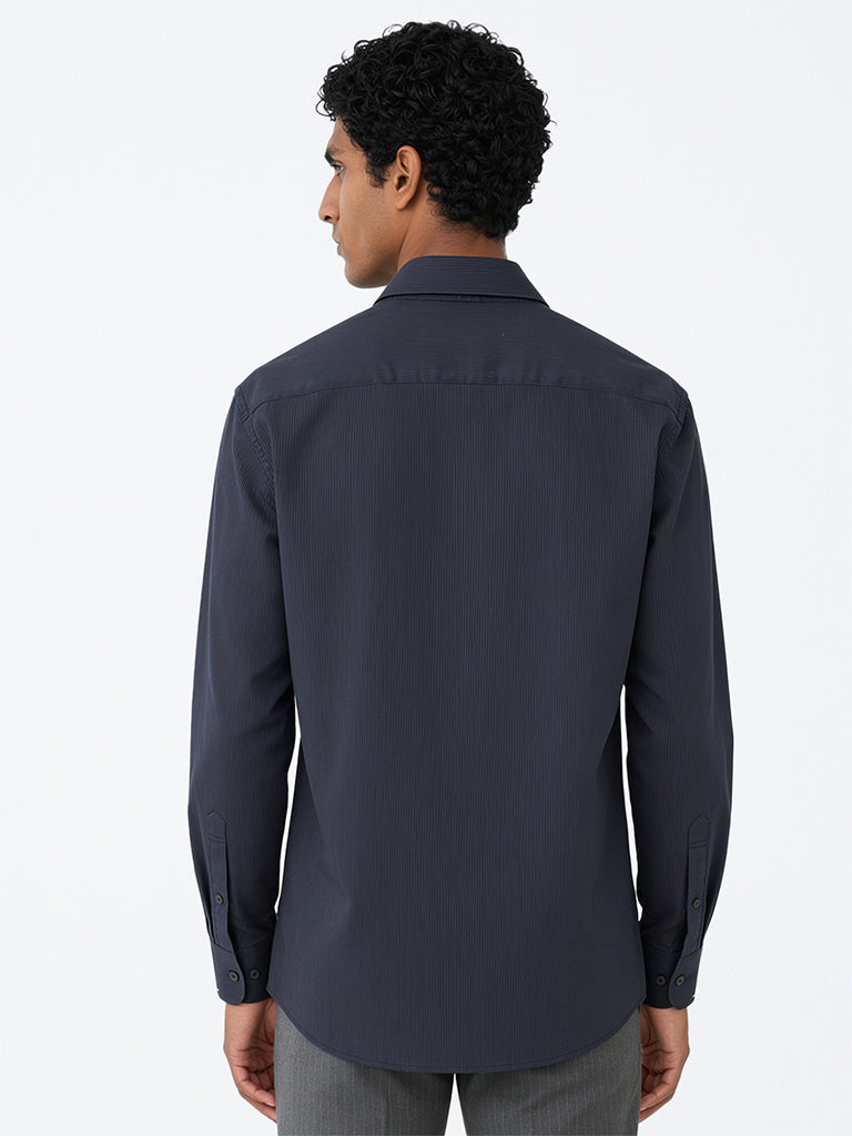 WES Formals Navy Textured Relaxed-Fit Cotton Shirt
