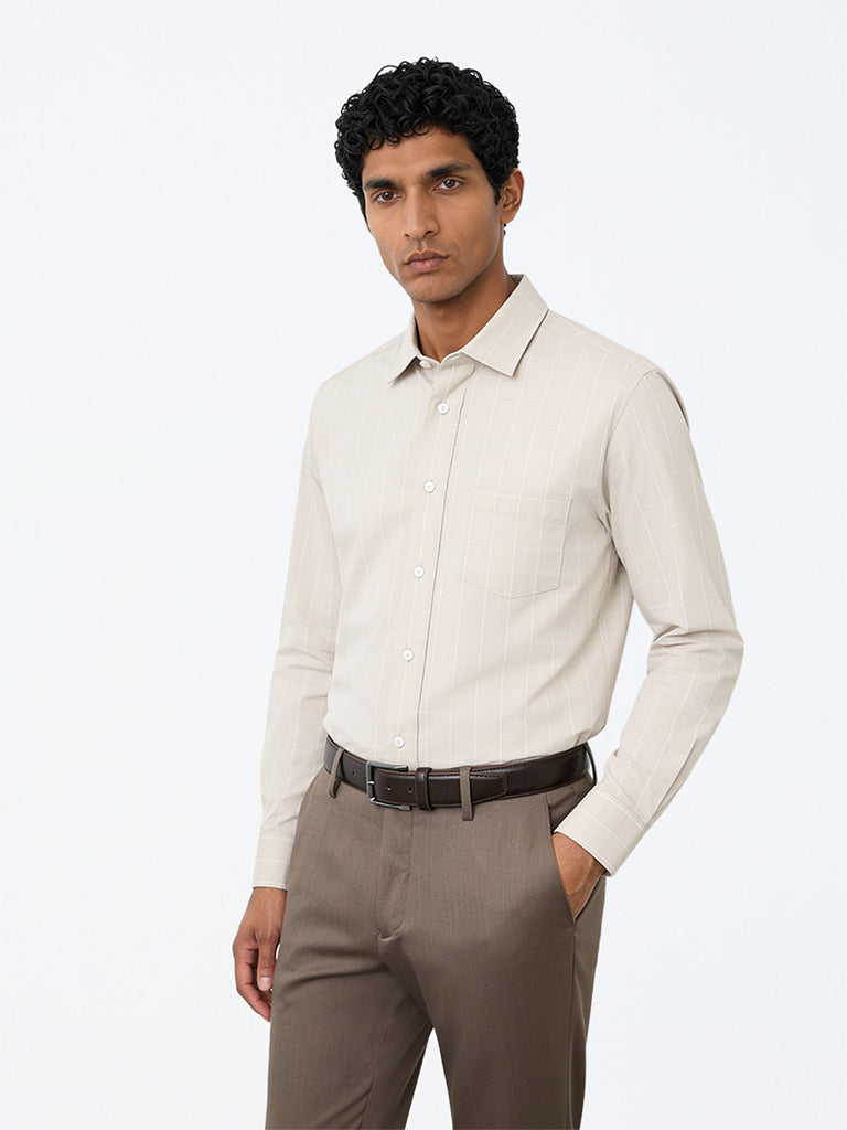 WES Formals Light Beige Checkered Relaxed-Fit Cotton Shirt