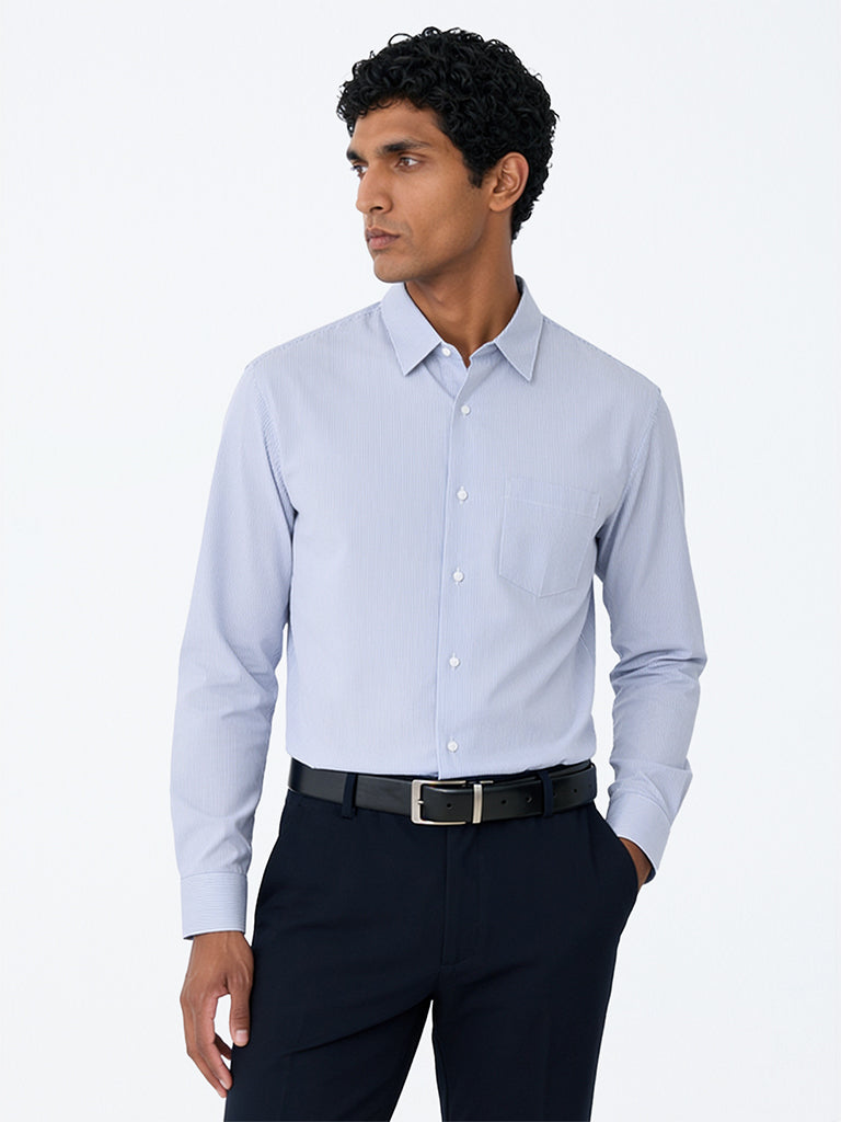 WES Formals Light Blue Checkered Relaxed-Fit Cotton Shirt