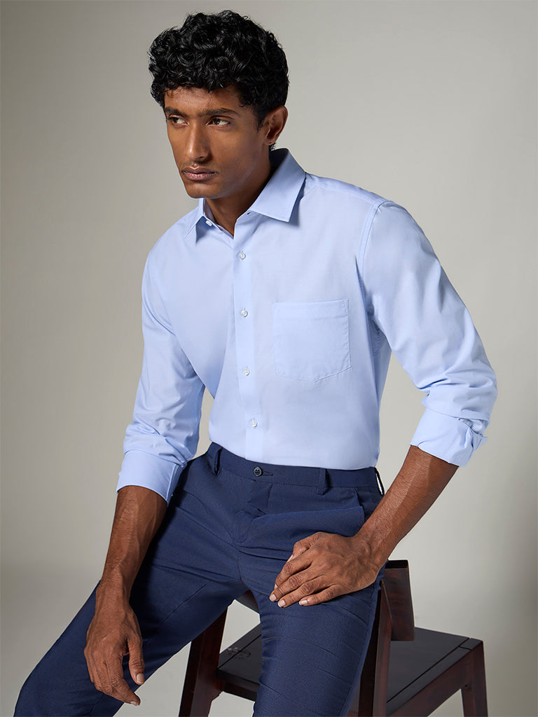 WES Formals Light Blue Slim-Fit Cotton Shirt