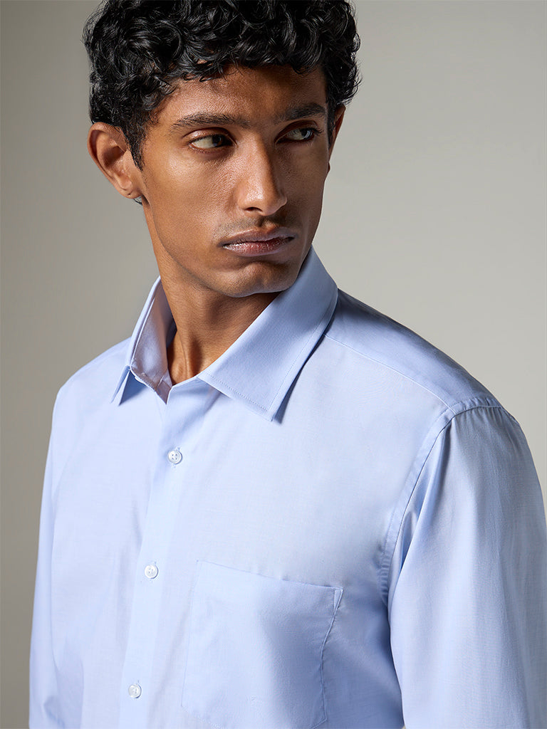 WES Formals Light Blue Slim-Fit Cotton Shirt