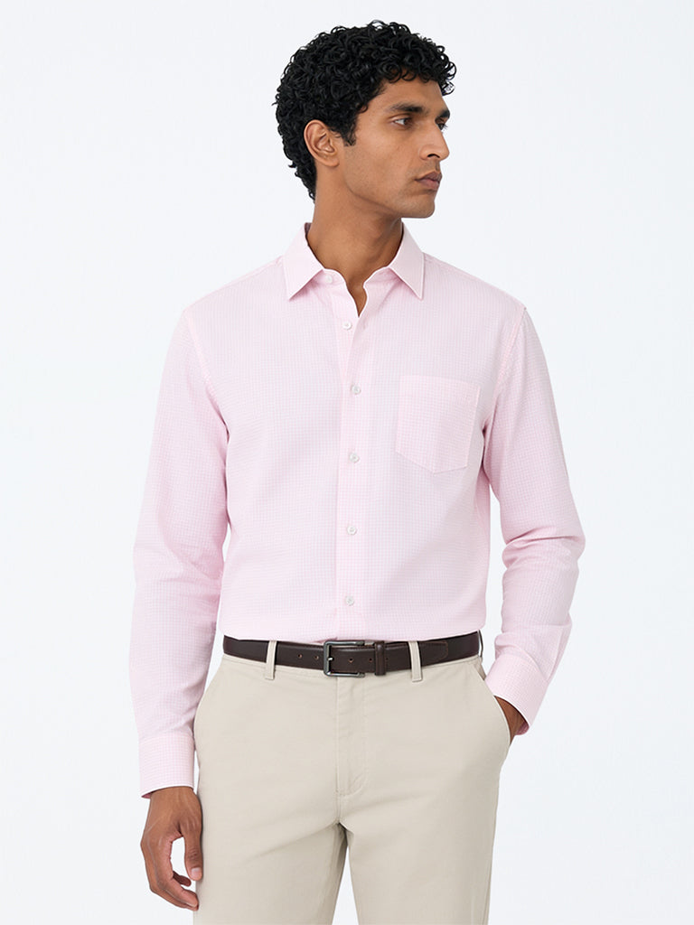 WES Formals Light Pink Checkered Relaxed-Fit Cotton Shirt