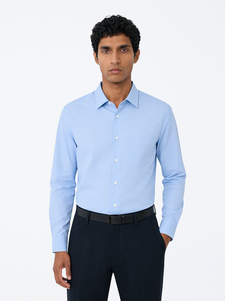 WES Formals Light Blue Relaxed-Fit Cotton Shirt