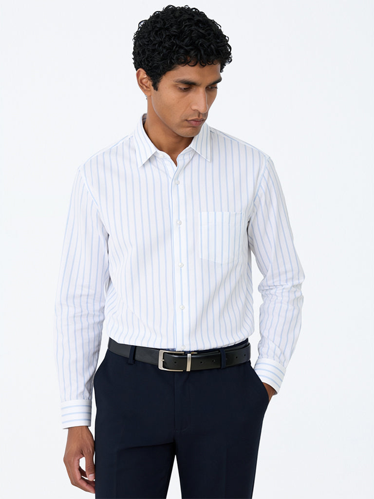 WES Formals White Striped Relaxed-Fit Cotton Shirt