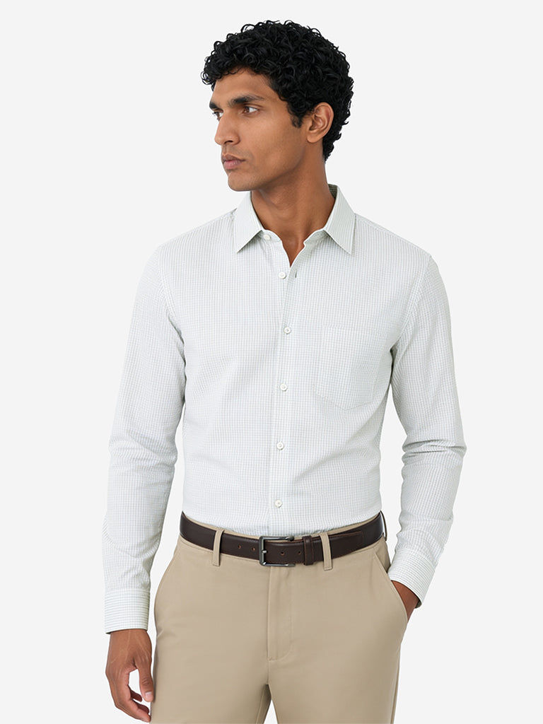 WES Formals Sage Checkered Slim-Fit Cotton Shirt
