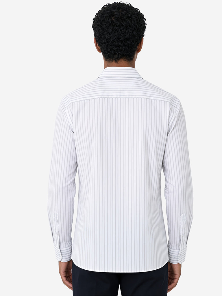 WES Formals White Striped Slim-Fit Cotton Shirt
