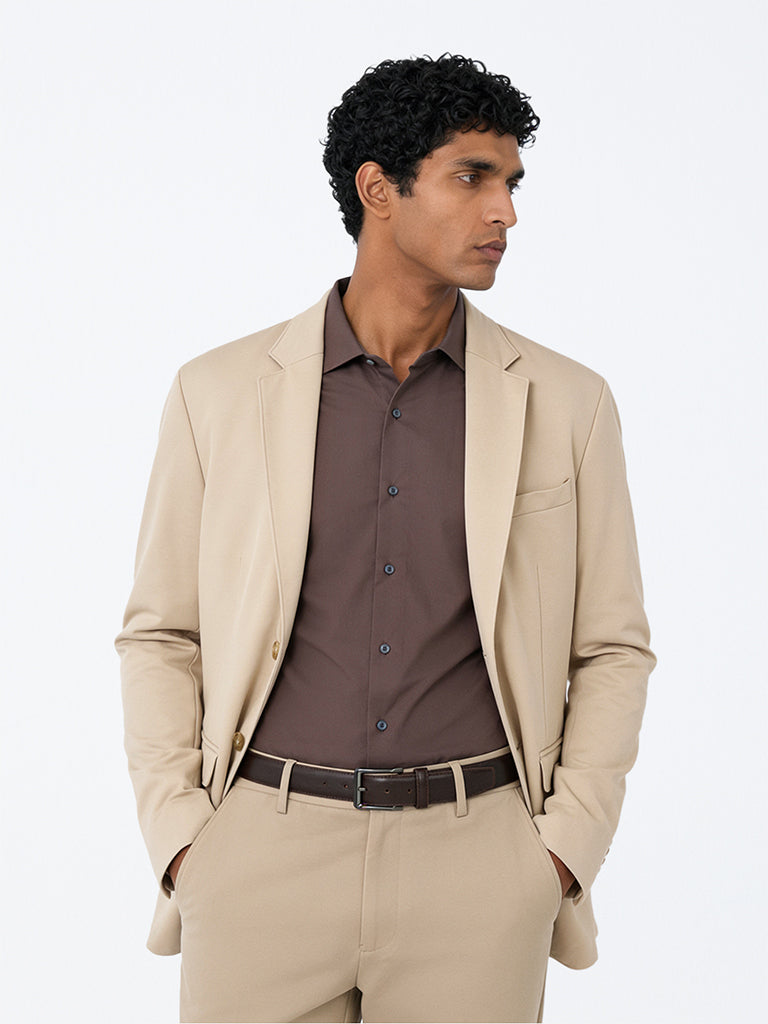 WES Formals Light Beige Solid Slim-Fit Blazer