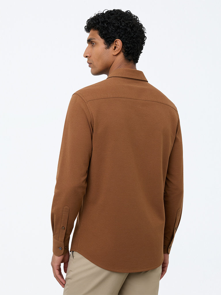 WES Formals Tan Solid Slim-Fit Cotton-Blend Shirt