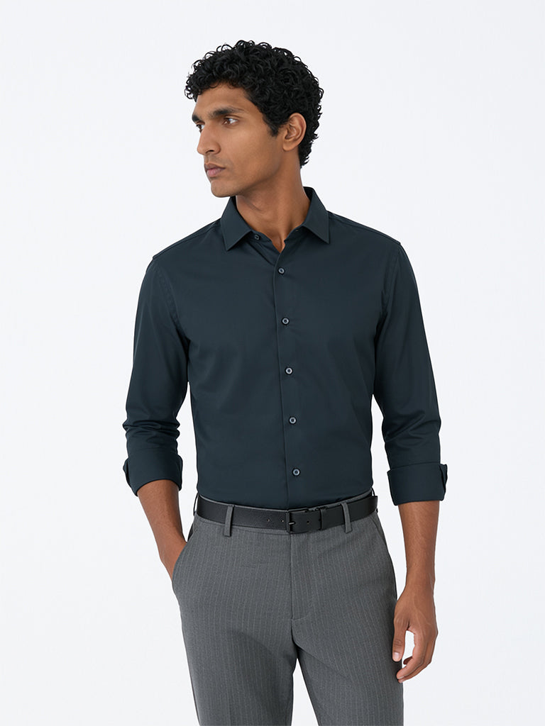 WES Formals Dark Teal Solid Slim-Fit Shirt