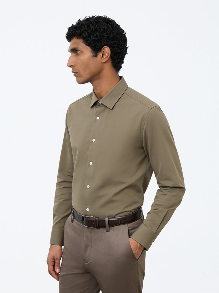 WES Formals Olive Solid Slim-Fit Shirt