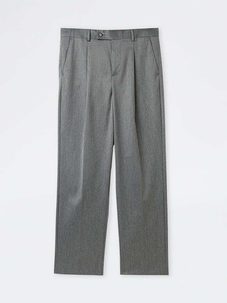 WES Formals Grey Pleated Relaxed-Fit Mid-Rise Trousers