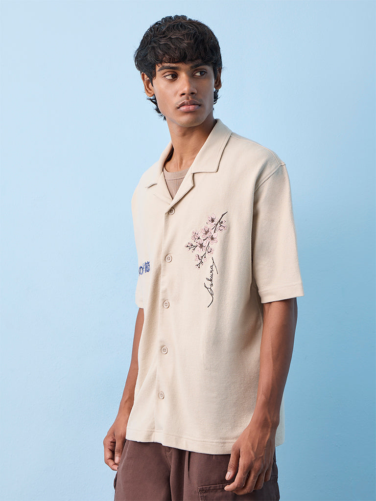 Nuon Light Taupe Scenic-Embroidered Relaxed-Fit Cotton Shirt