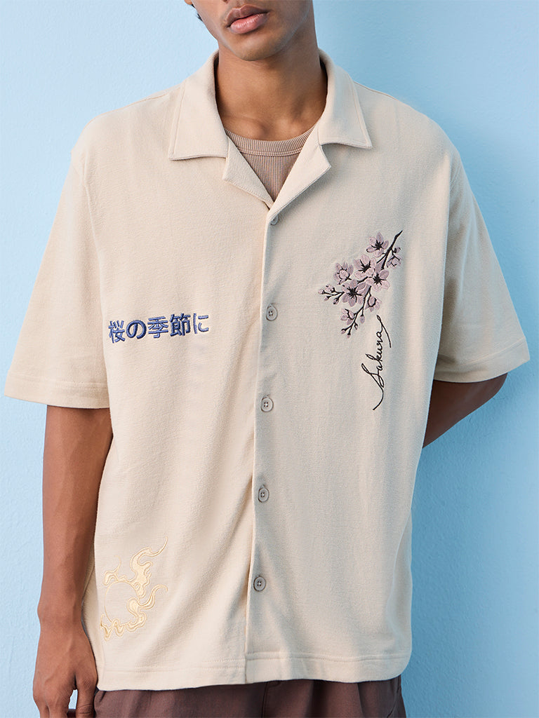 Nuon Light Taupe Scenic-Embroidered Relaxed-Fit Cotton Shirt