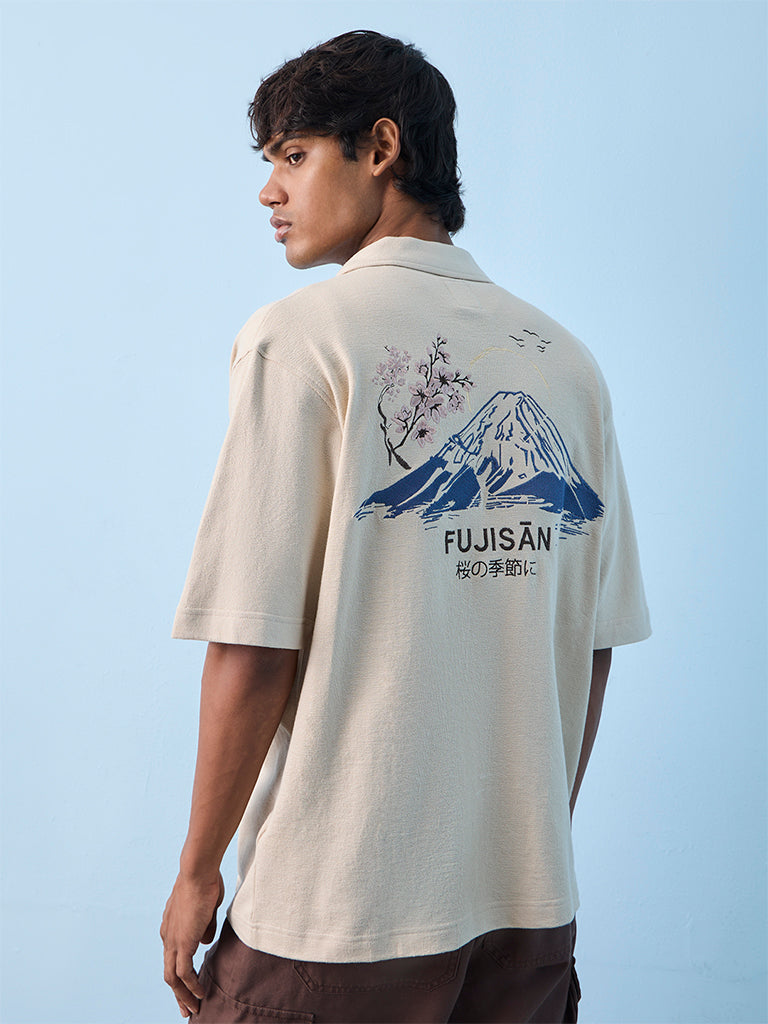 Nuon Light Taupe Scenic-Embroidered Relaxed-Fit Cotton Shirt