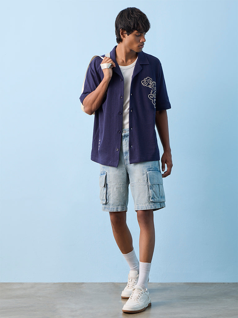 Nuon Navy Embroidered Relaxed-Fit Shirt