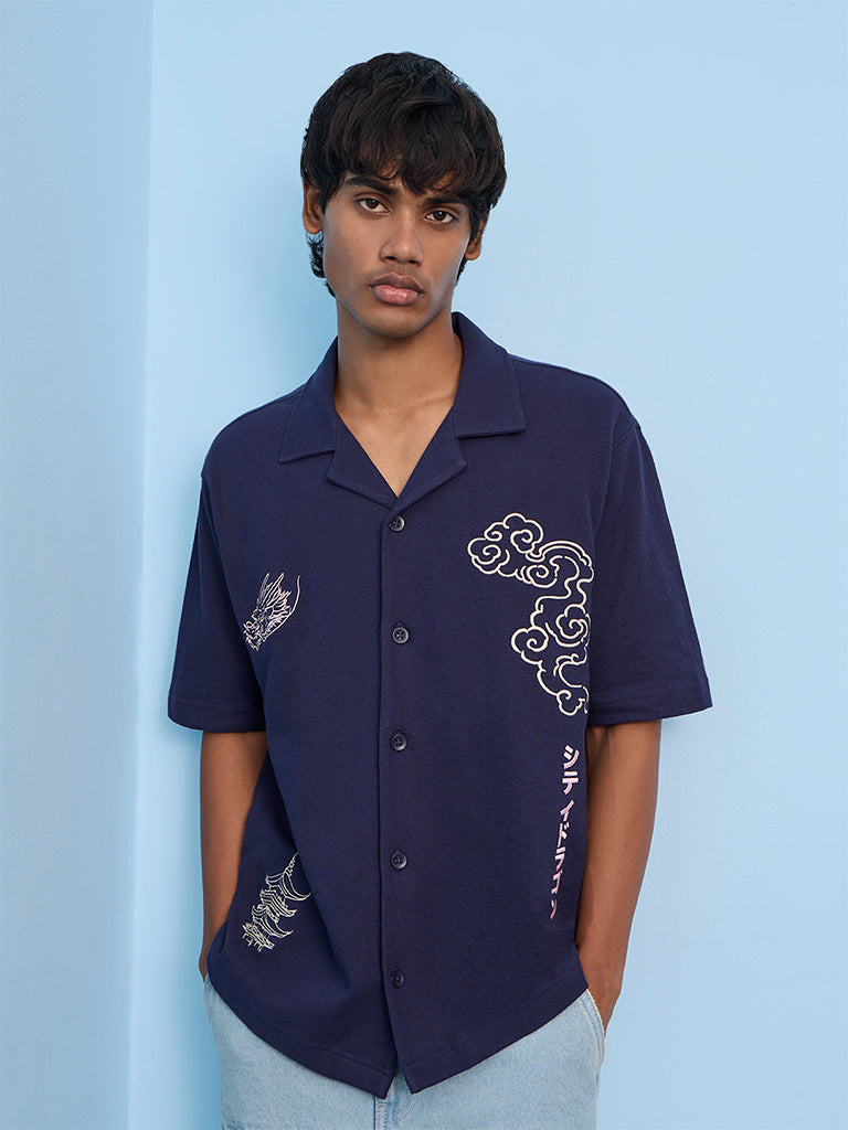 Nuon Navy Embroidered Relaxed-Fit Shirt
