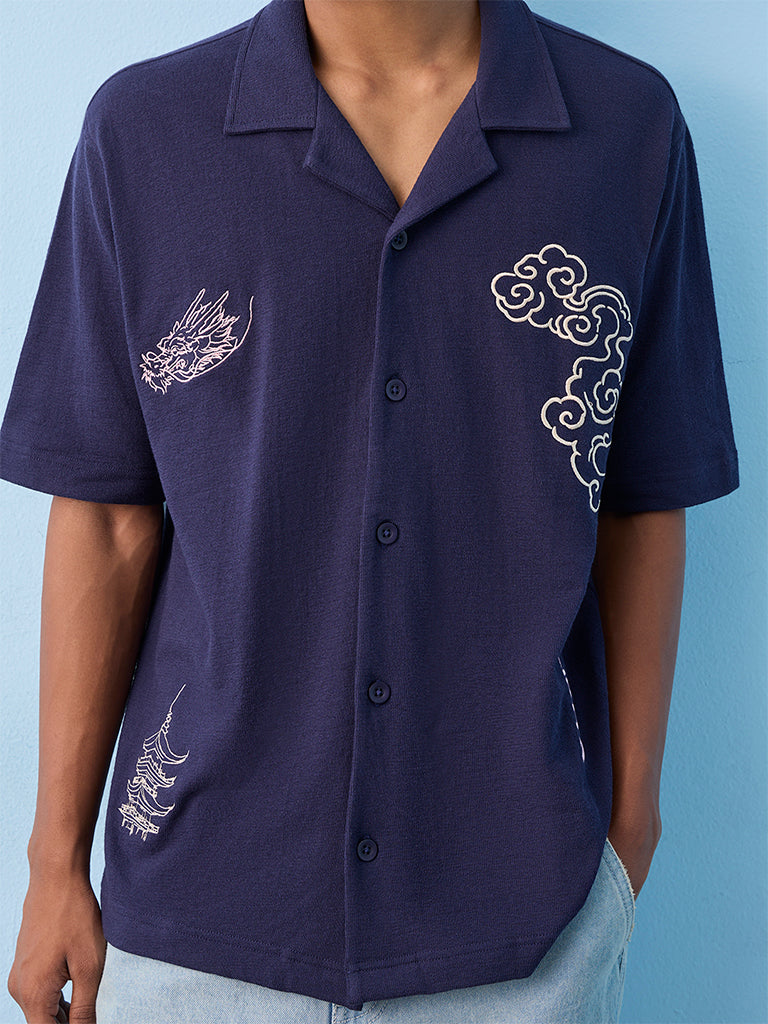 Nuon Navy Embroidered Relaxed-Fit Shirt
