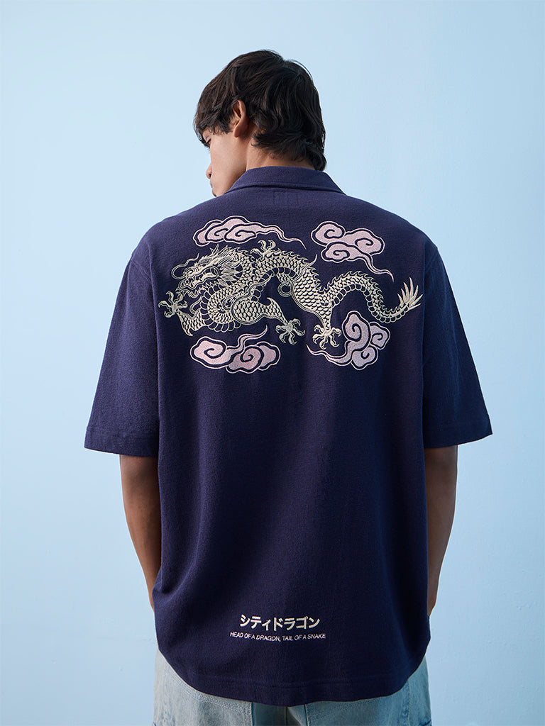 Nuon Navy Embroidered Relaxed-Fit Shirt