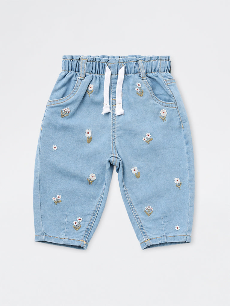 HOP Baby Girls Light Blue Floral Embroidered High-Rise Jeans