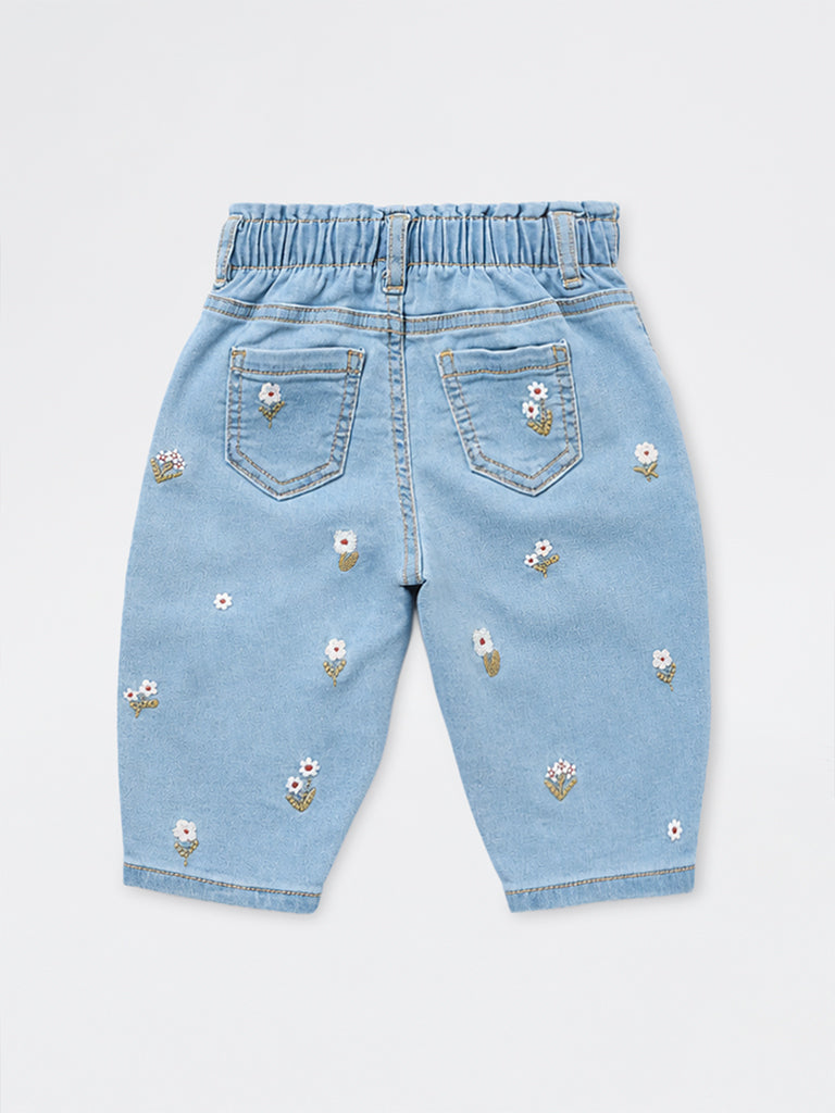 HOP Baby Girls Light Blue Floral Embroidered High-Rise Jeans