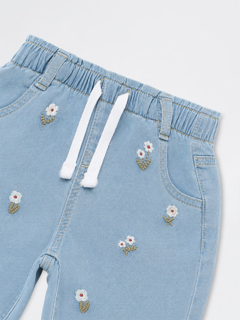 HOP Baby Girls Light Blue Floral Embroidered High-Rise Jeans